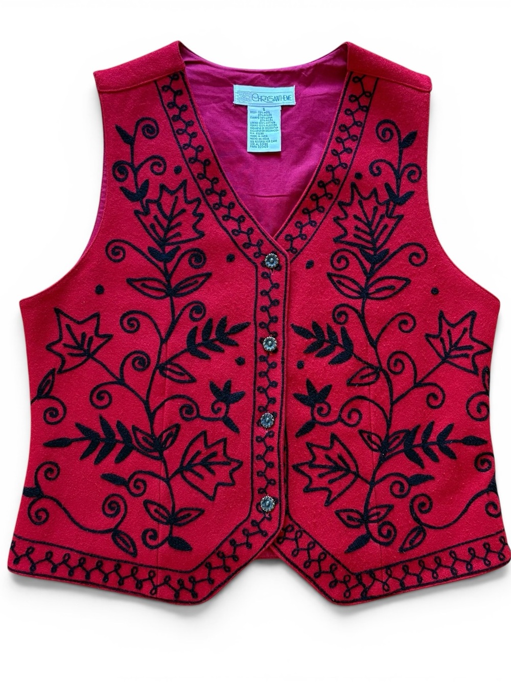 Red Embroidered Floral Wool Vest
